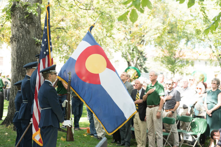 The Colorado State University ROTC Wing Walker color guard presents flags at the annual Fall Address and University Picnic, October 3, 2018.
