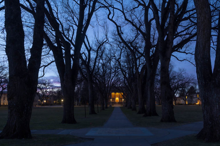 Dawn comes late on the Colorado State University Oval on the shortest day of the year, December 21, 2018.